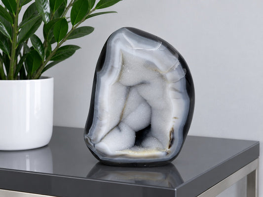 Large Black Agate Geode — Eight Inch Standing Freeform with a Full Pale Druzy Cave