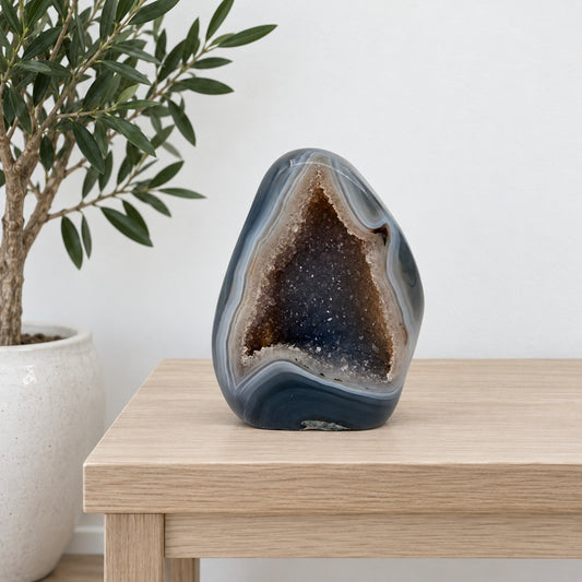 Banded Agate Geode — Standing Freeform with a Wide Druzy Cave