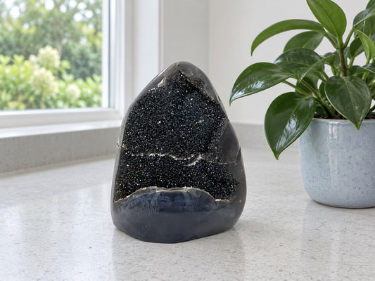 Black Druzy Agate Geode — Standing Freeform with a Sparkling Dark Crystal Face