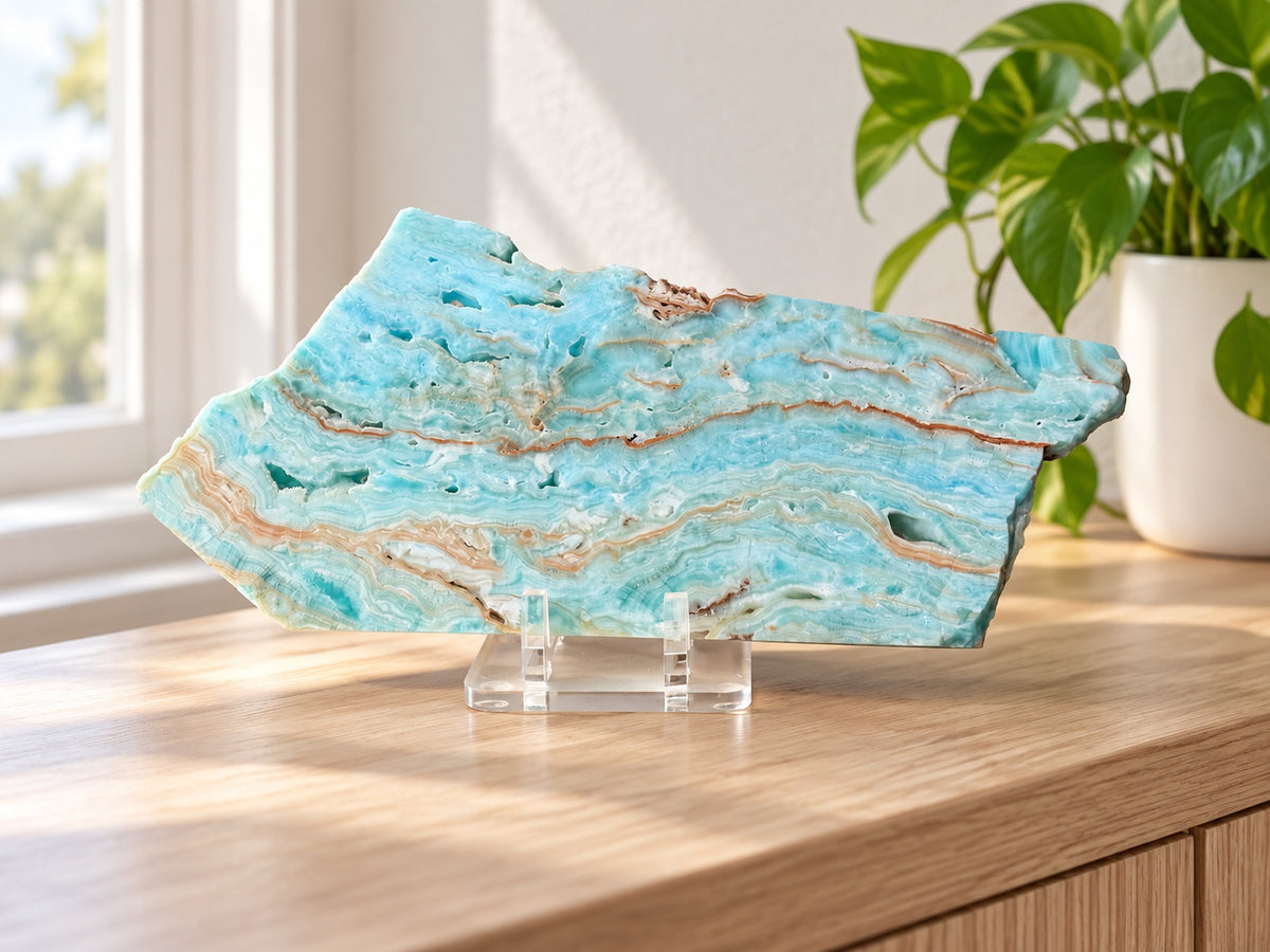 Caribbean Calcite Slab — Ten Inch Banded Aqua Display Piece with Open Pockets