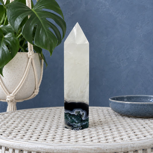 Moss Agate Tower — 6 Inch Polished Point with a White Top and a Green Moss Base