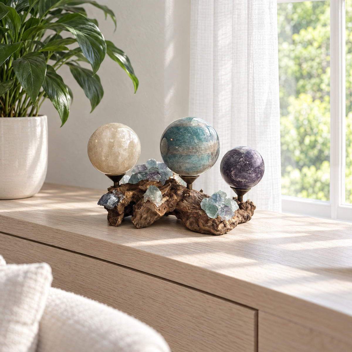 Fluorite Driftwood Sphere Holder with Three Crystal Spheres — Teal, Cream and Purple Set on Natural Wood with Brass Cups