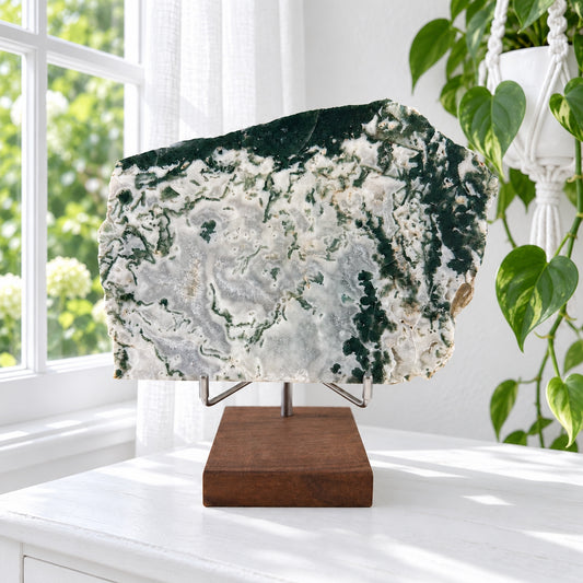 Large Moss Agate Slab — Polished Green Moss Agate Slice with Deep Green Rind on a Wooden Pin Stand, 6.5 x 5 Inches