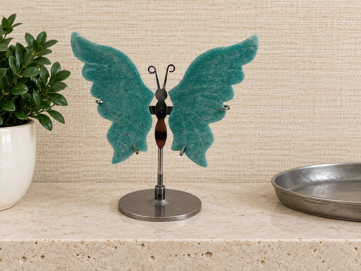 Amazonite Butterfly — Teal Green Carved Wings on a Metal Stand