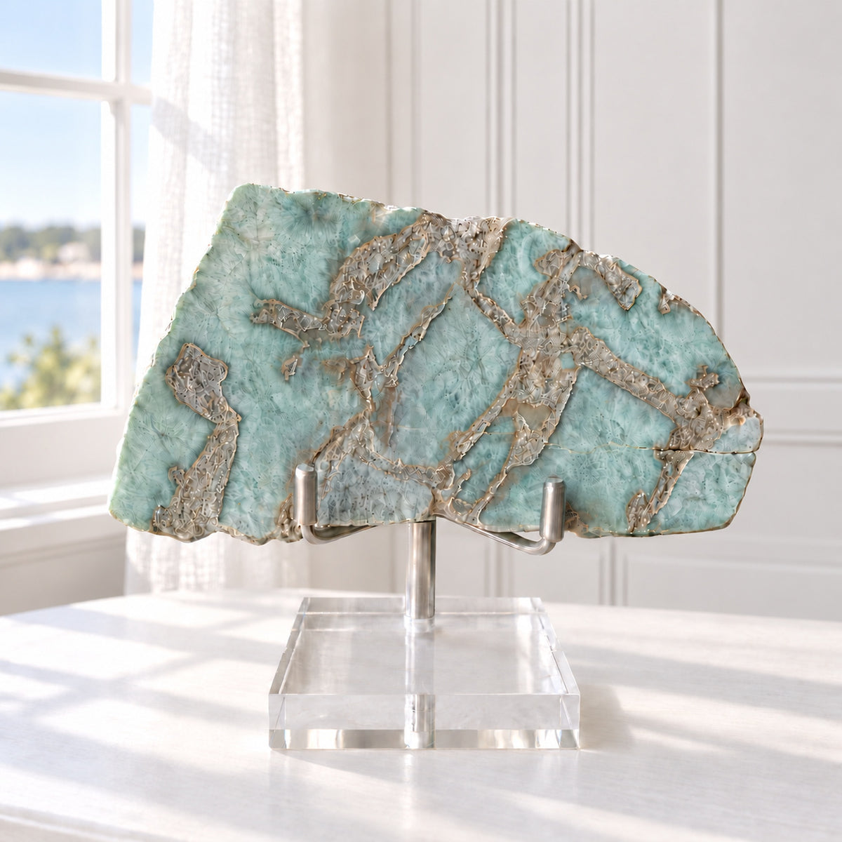 Larimar Slab from the Dominican Republic — Polished Caribbean Blue Pectolite with Natural Edges on a Stand, 4.5 Inches