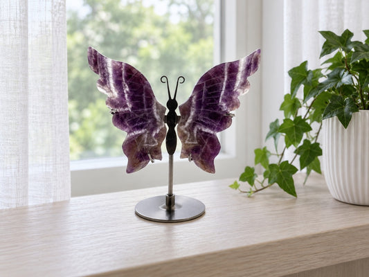 Chevron Amethyst Butterfly Wings on a Stand — Purple and White Banded Crystal Carving