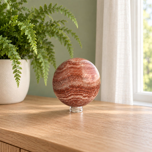 Red Banded Calcite Sphere — Polished Crystal Ball in Deep Red, Rust and Cream Bands with a Bullseye, 2.6 Inches, Ring Stand Included