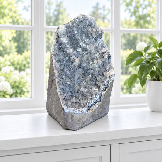 Large Gray Druzy Quartz Geode with Cut Base — 8 Inch Standing Sparkling Crystal Cave, Silver White Druzy Quartz, Nearly 7 Pounds