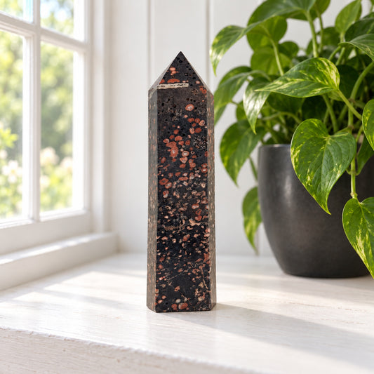 Large Plum Blossom Jasper Tower — 10 Inch Polished Black Stone Point with Red Blossom Spots and White Flecks, Nearly 5 Pounds