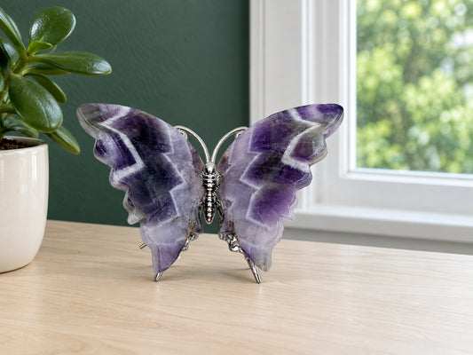 Chevron Amethyst Butterfly — Purple and White Banded Crystal Carving