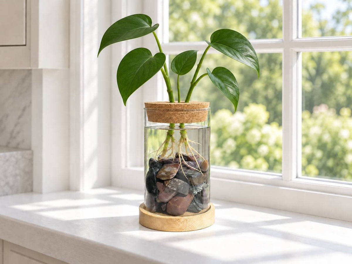 Crystal Plant Propagation Station with Ocean Jasper Stones — Glass Vase, Cork Ring, Bamboo Base and Wooden Gift Box