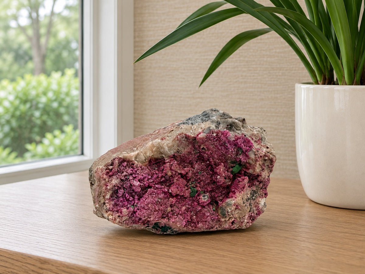Cobalto Calcite Specimen — Raspberry Pink Druzy with Green Malachite