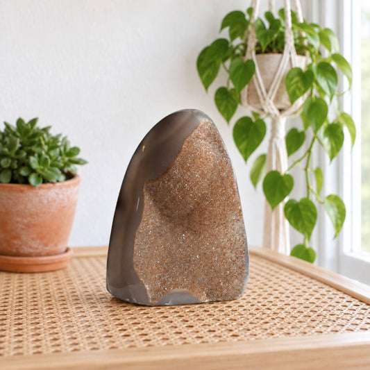 Uruguayan Druzy Agate Freeform — Sparkling Brown Sugar Druzy in a Smoky Gray Agate Shell, Polished Cut Base, 3 Inches