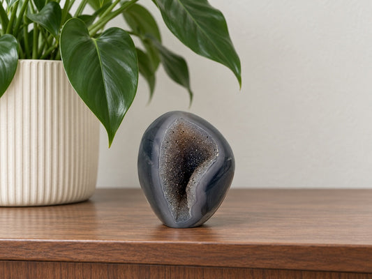 Banded Agate Geode — Standing Freeform with a Crescent Druzy Cave