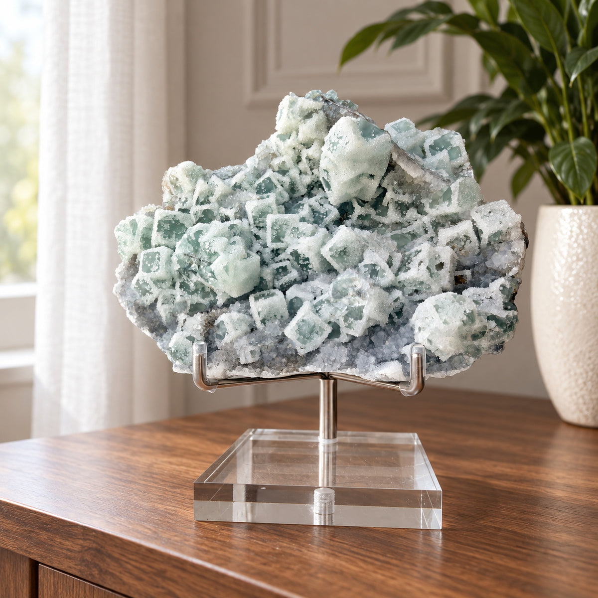 Fluorite on Quartz from Fujian, China — Green Fluorite Cubes Frosted in Glittering Druzy Quartz, Natural Specimen on Stand, 4.75 In
