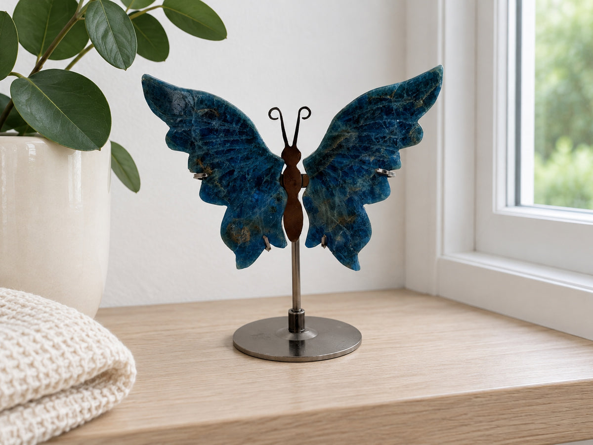 Blue Apatite Butterfly — Deep Blue Carved Wings on a Metal Stand