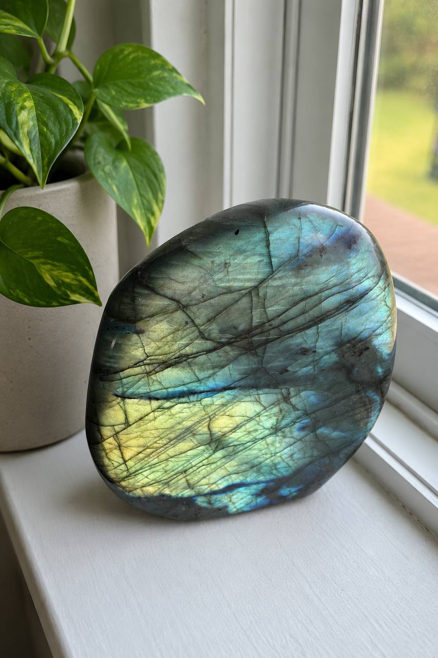 Large labradorite freeform with blue gold flash on windowsill with pothos