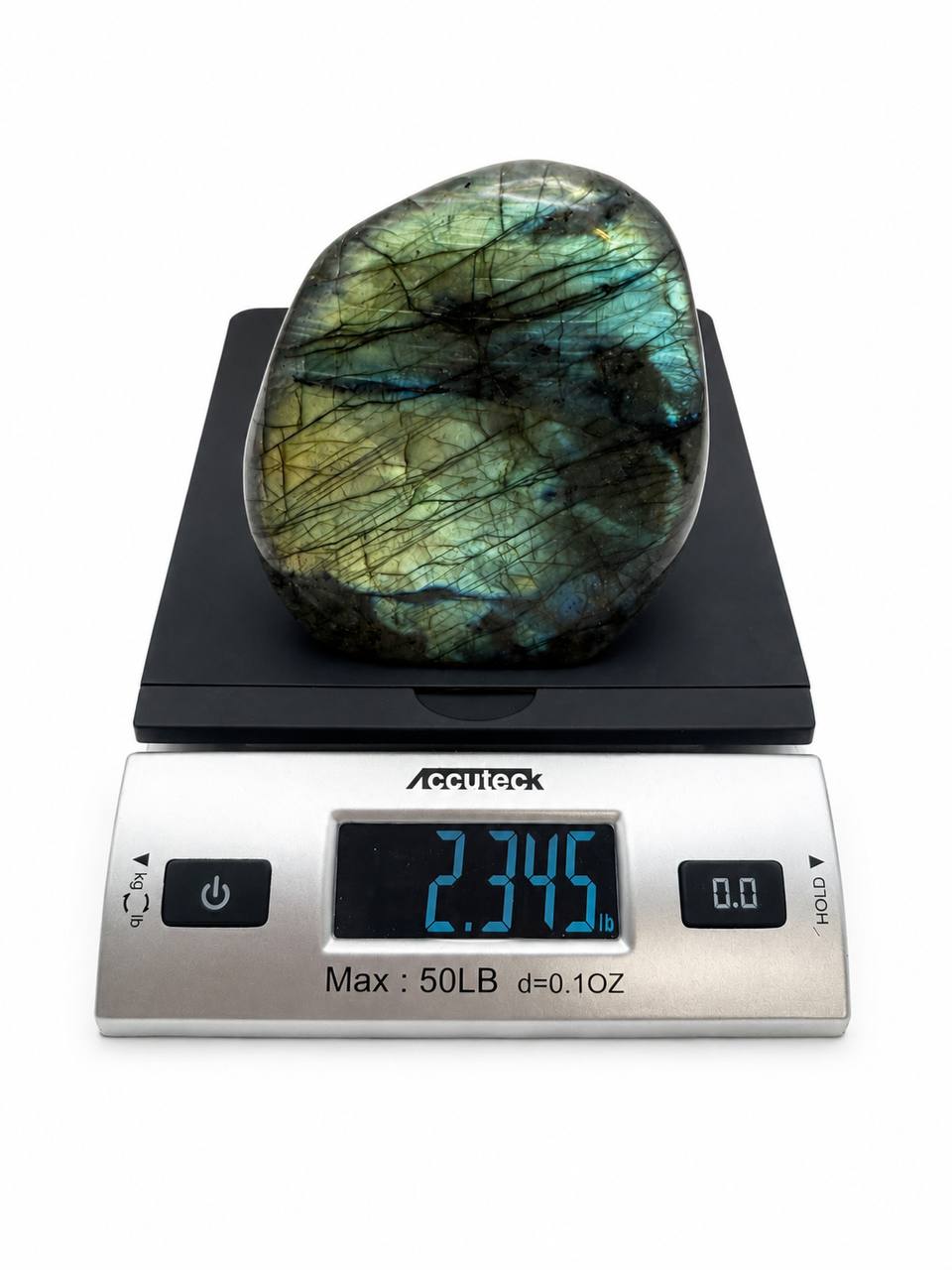 Labradorite freeform on scale reading 2.345 lbs