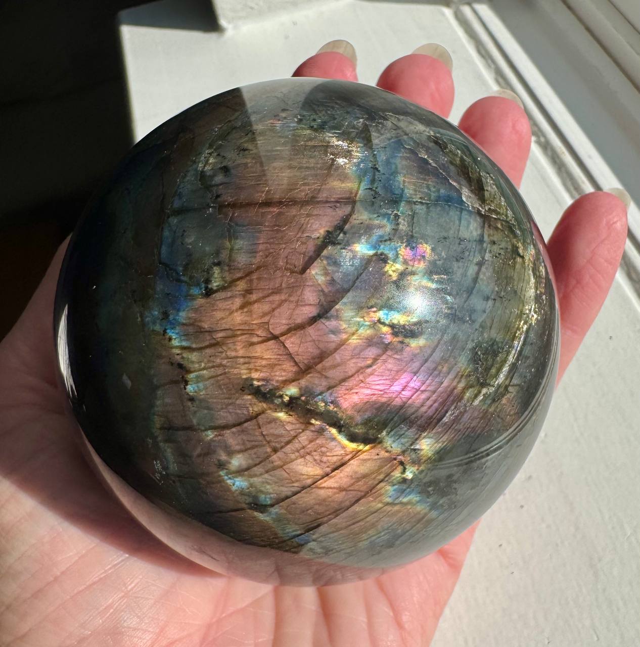 Labradorite Crystal Sphere with Rainbow Flash