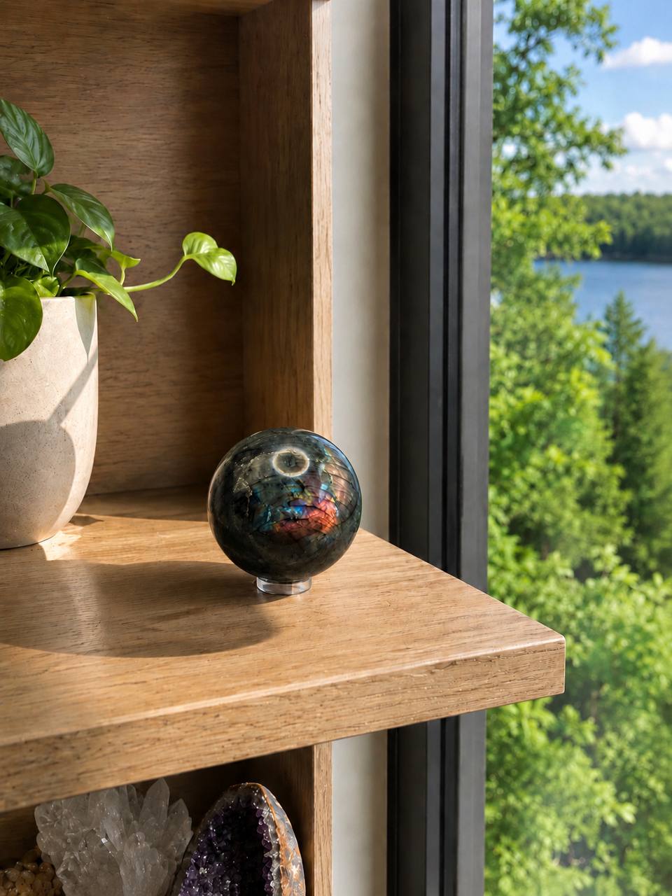 Labradorite Crystal Sphere with Rainbow Flash