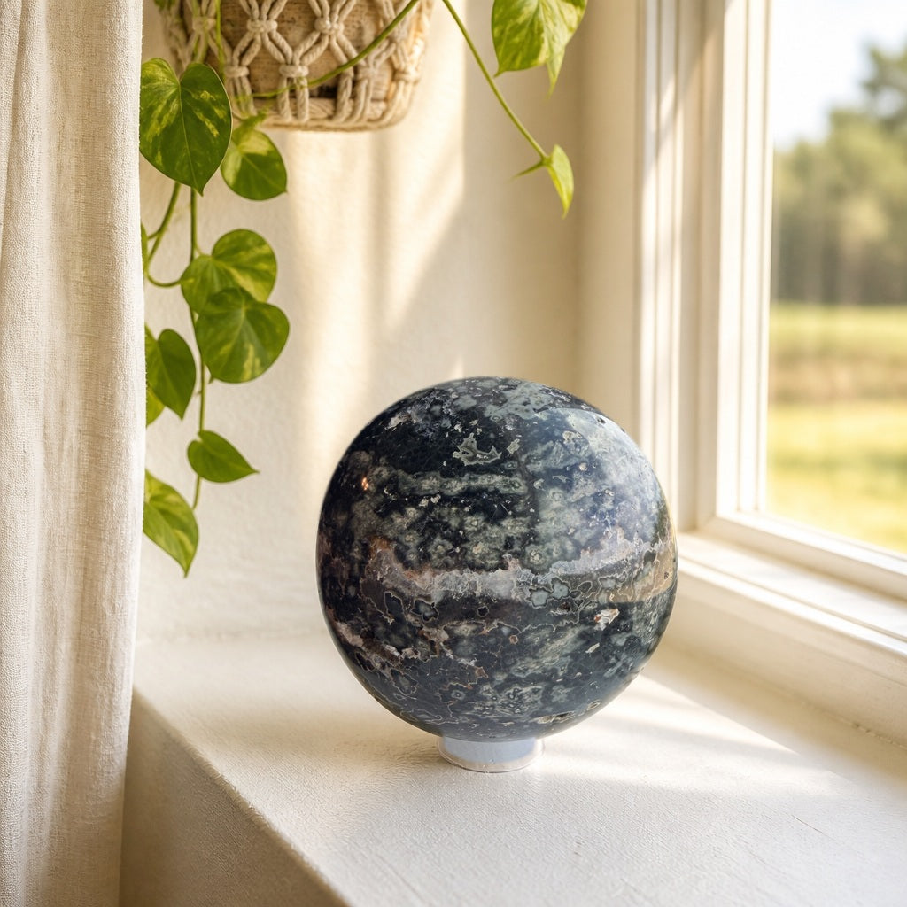 Ocean jasper sphere on a sunlit windowsill