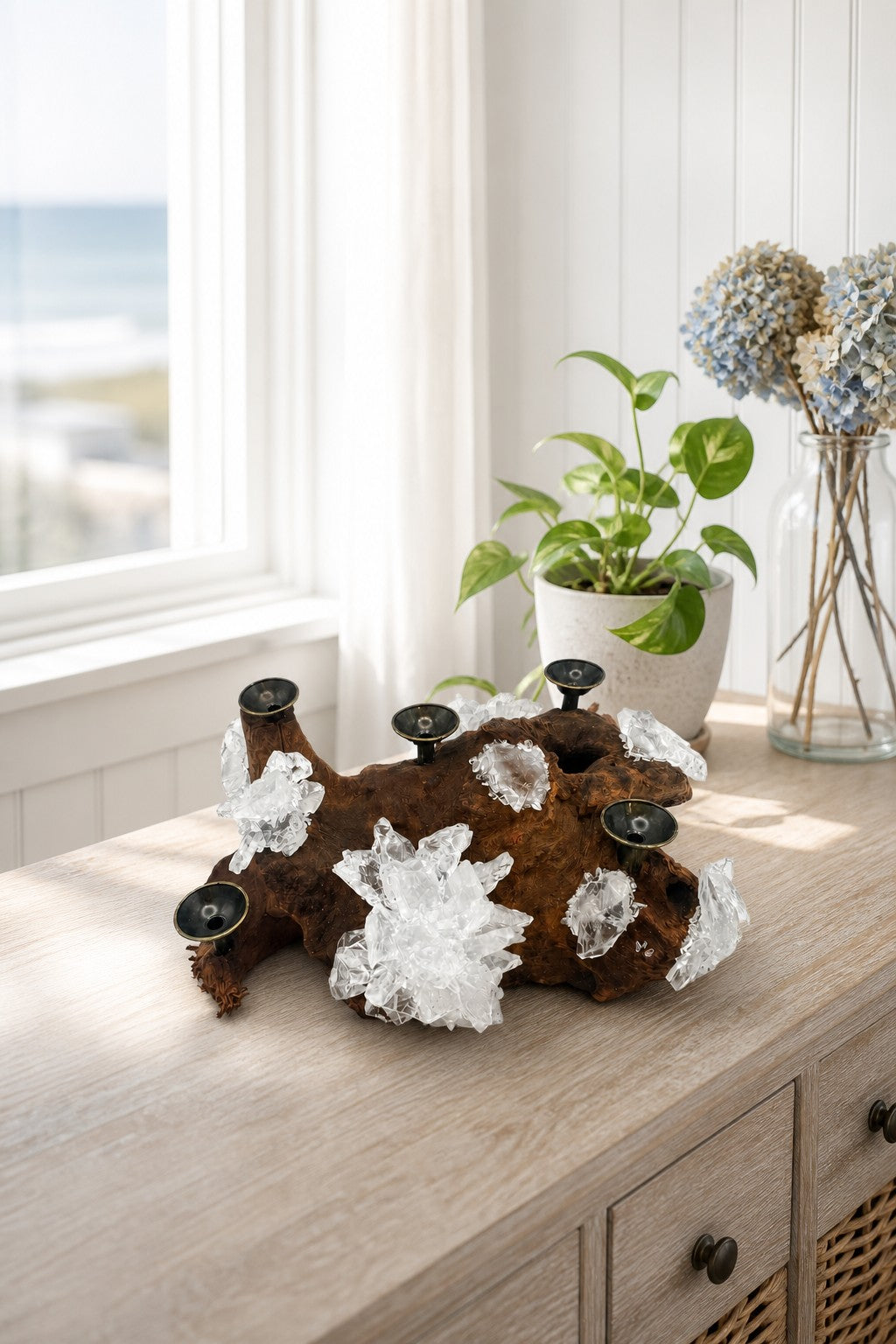 Driftwood Crystal Sphere Display Stand with Quartz Clusters