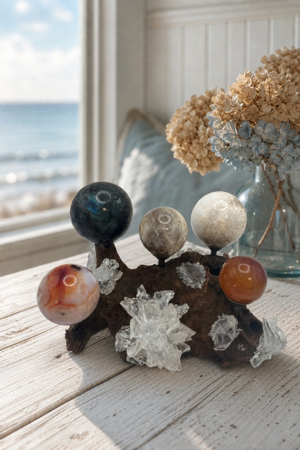 Driftwood Crystal Sphere Display Stand with Quartz Clusters