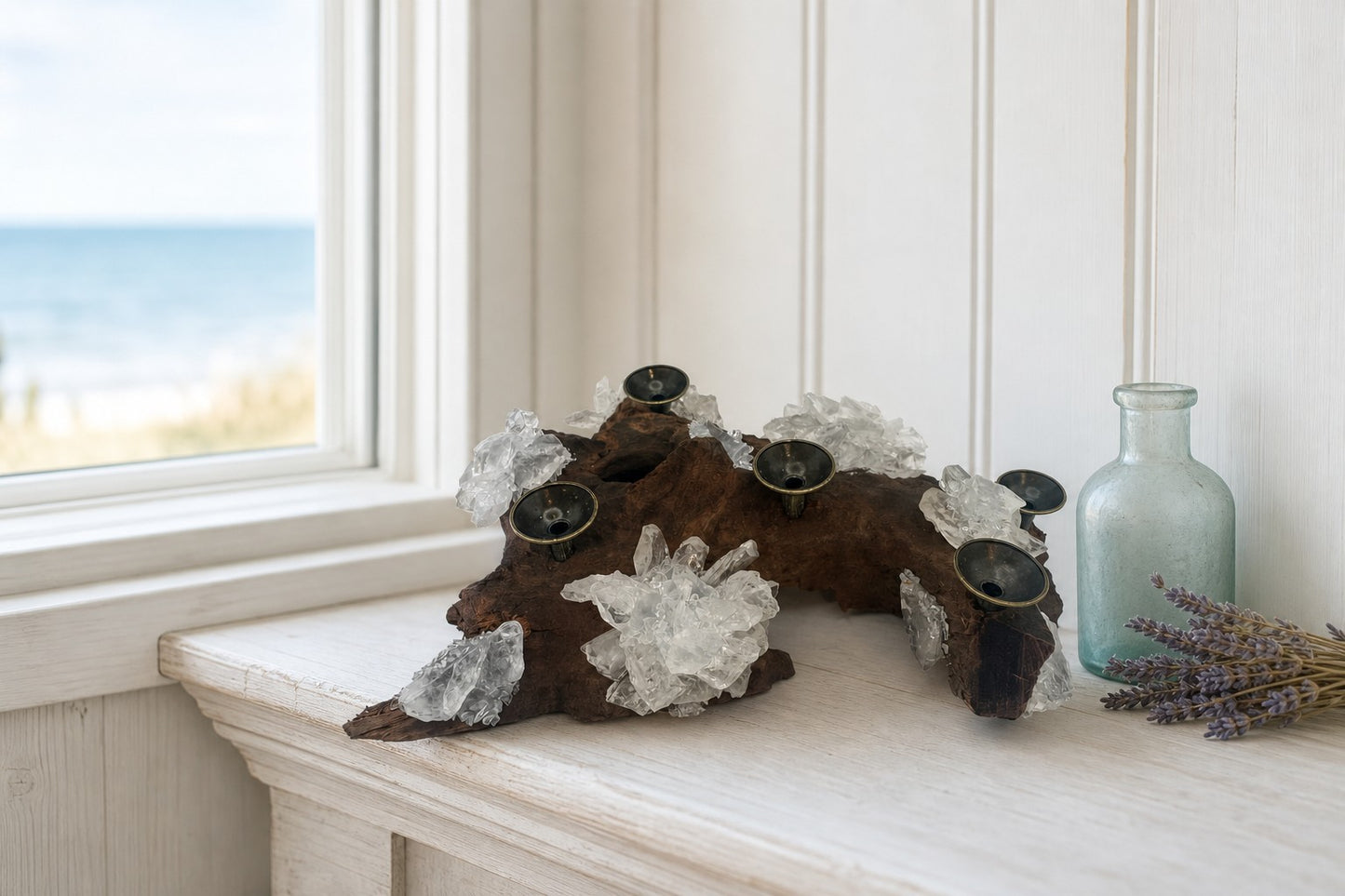 Driftwood Crystal Sphere Display Stand with Quartz Clusters