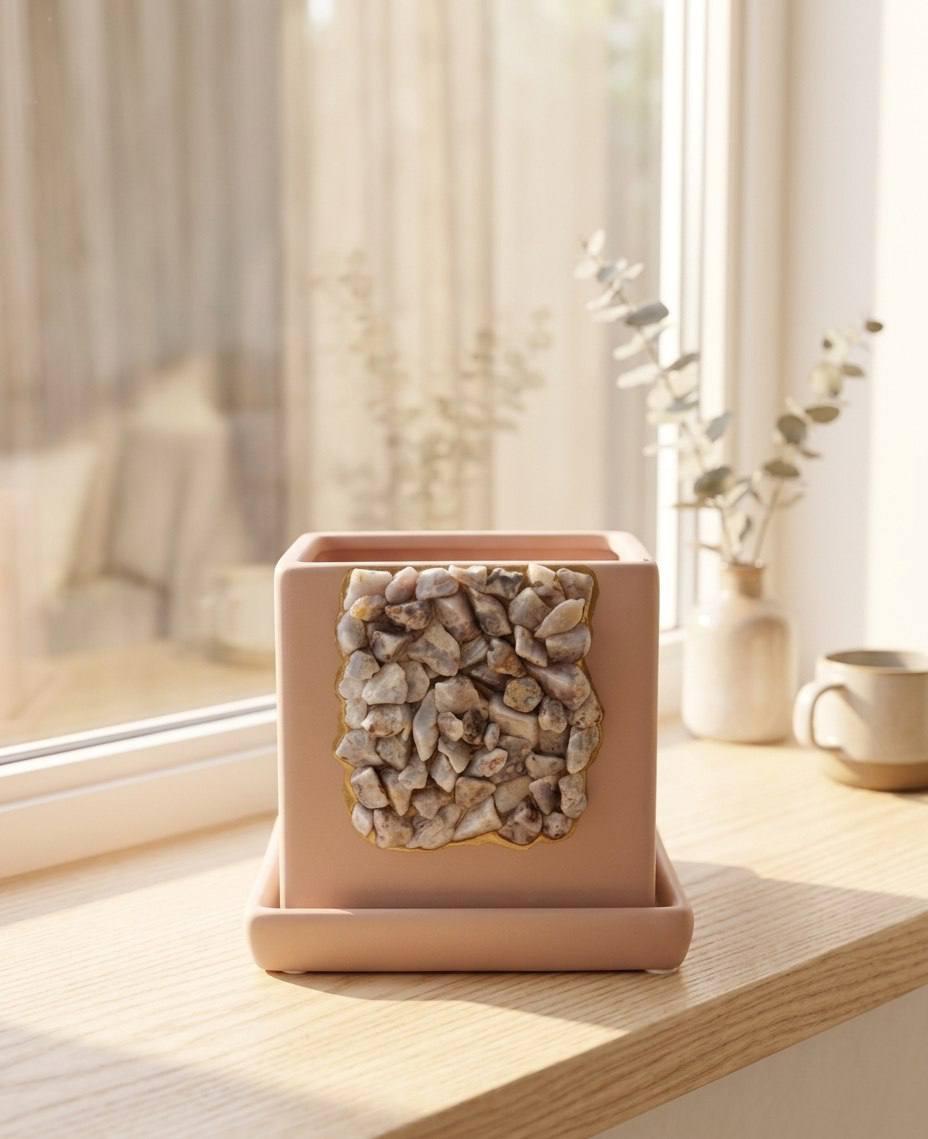 Blush pink crystal chip planter on shelf by window