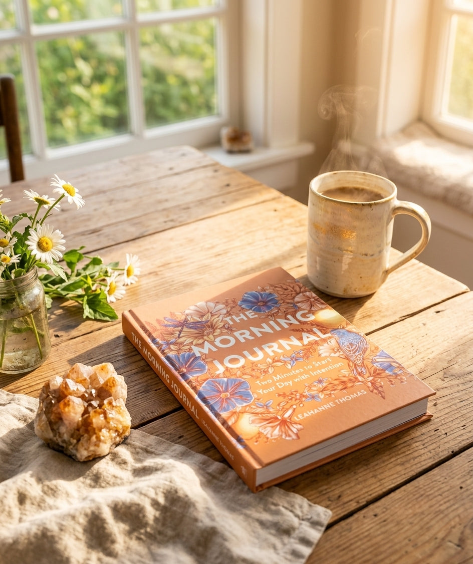 The Morning Journal on a sunny morning table with steaming tea and citrine crystal