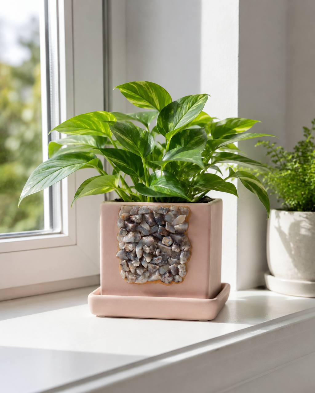 Crazy lace agate crystal planter with pothos plant on windowsill