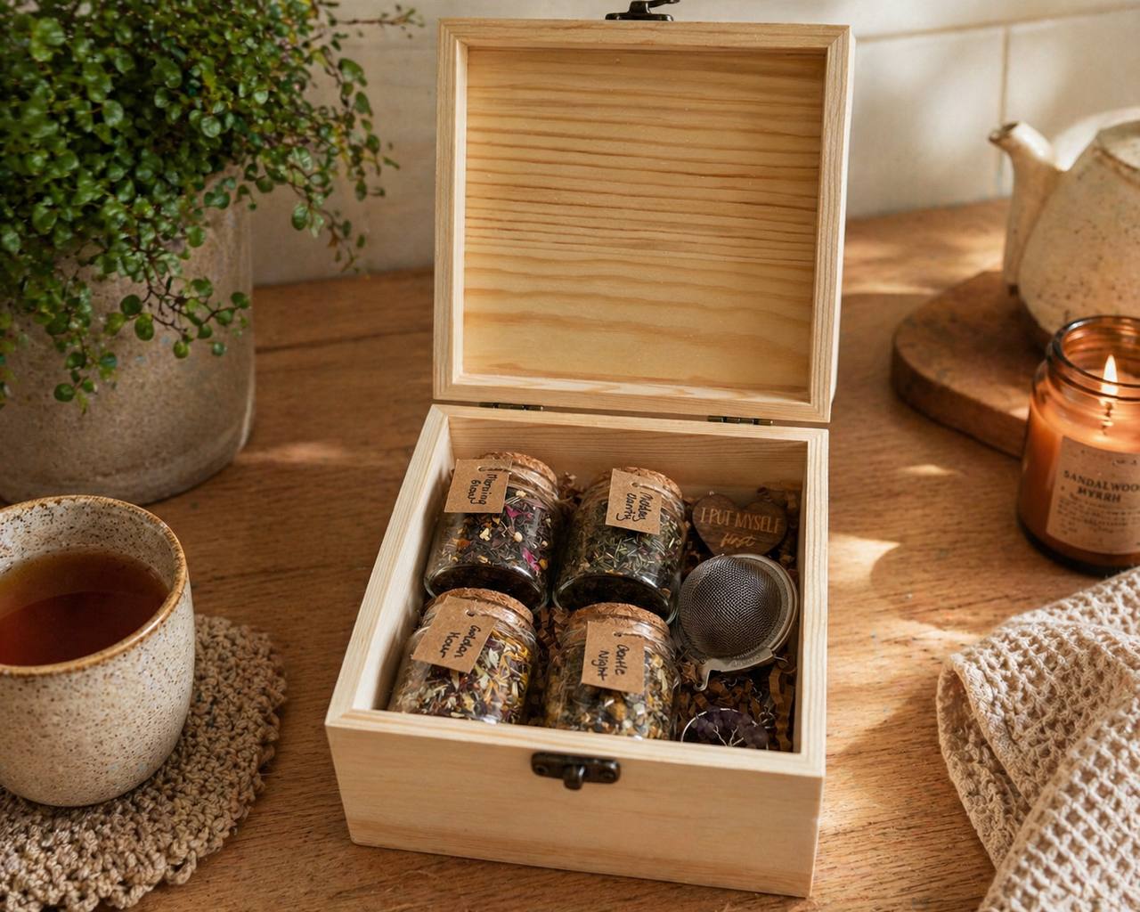 Morning to Night Tea Sampler - lifestyle on warm wood