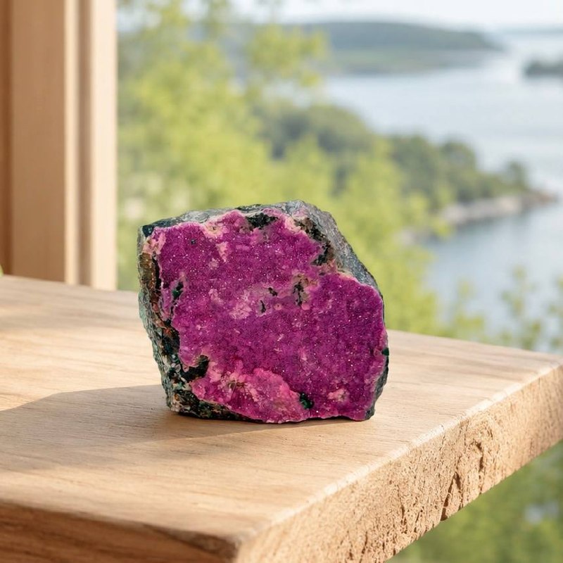 Pink cobaltoan calcite druzy specimen on wooden surface by window, showing vivid magenta sparkle