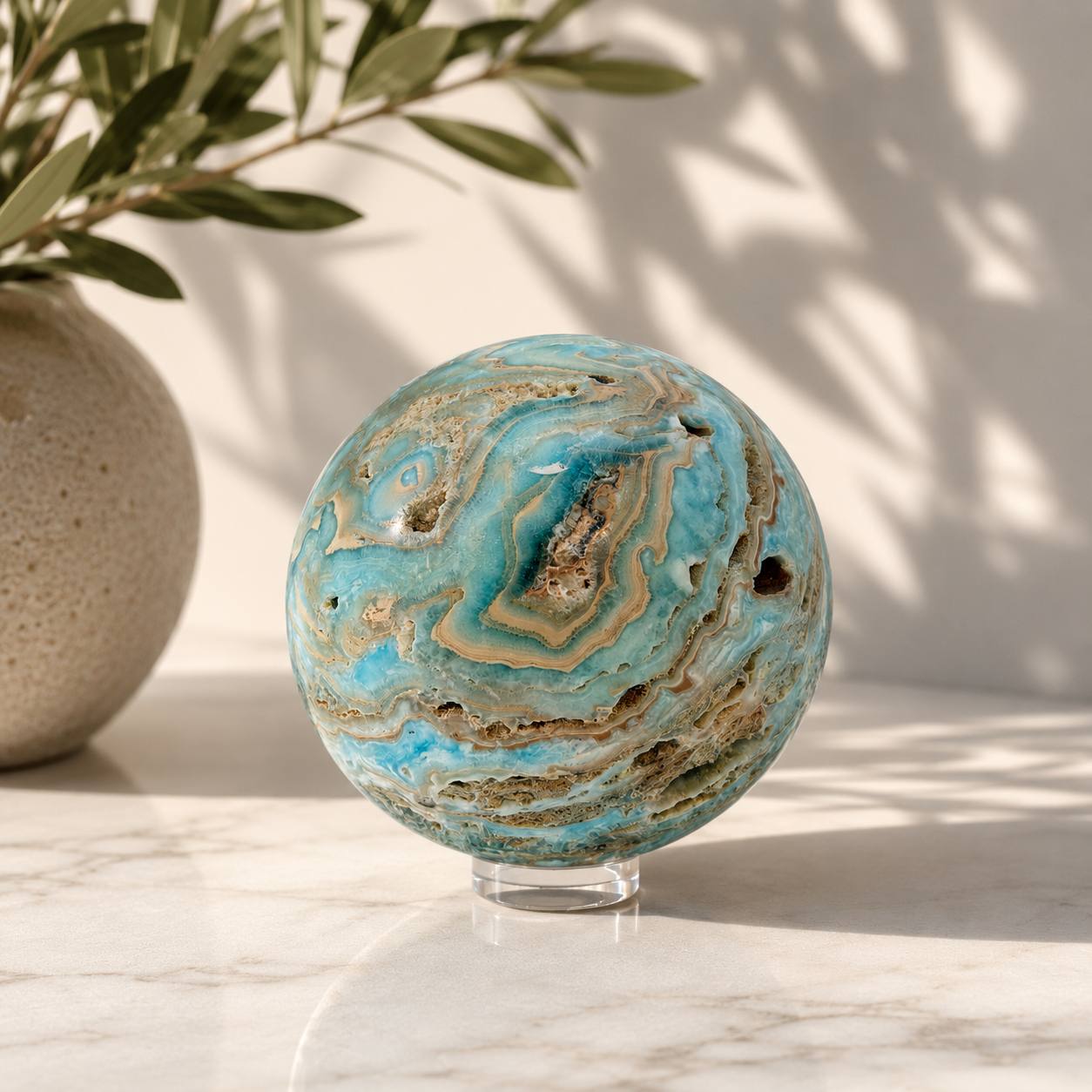 Caribbean calcite sphere on marble surface by window