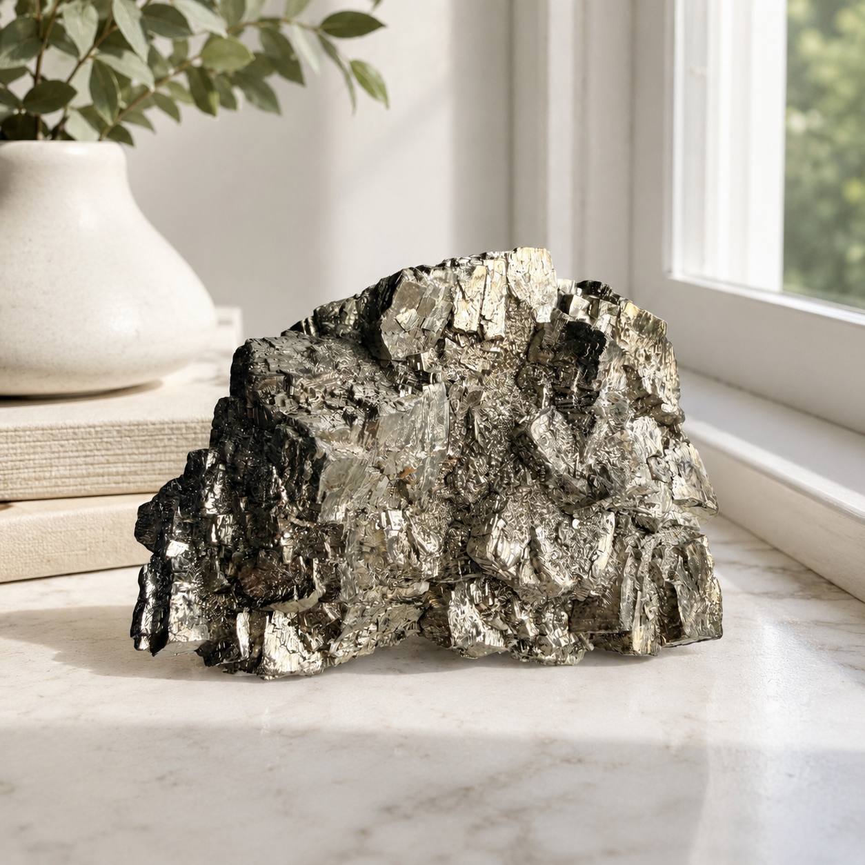 Large pyrite crystal cluster on marble surface by window with plant
