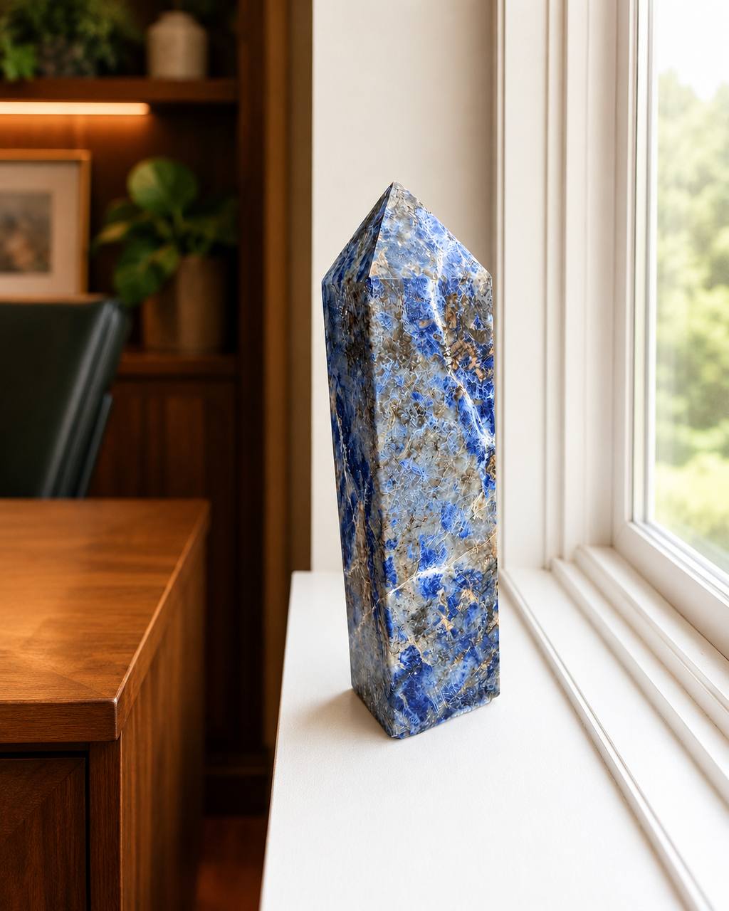 Lapis lazuli tower on windowsill by desk