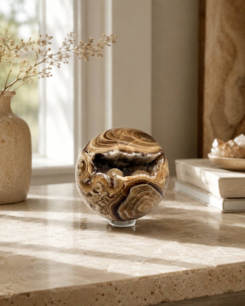 Chocolate calcite sphere on marble surface by window