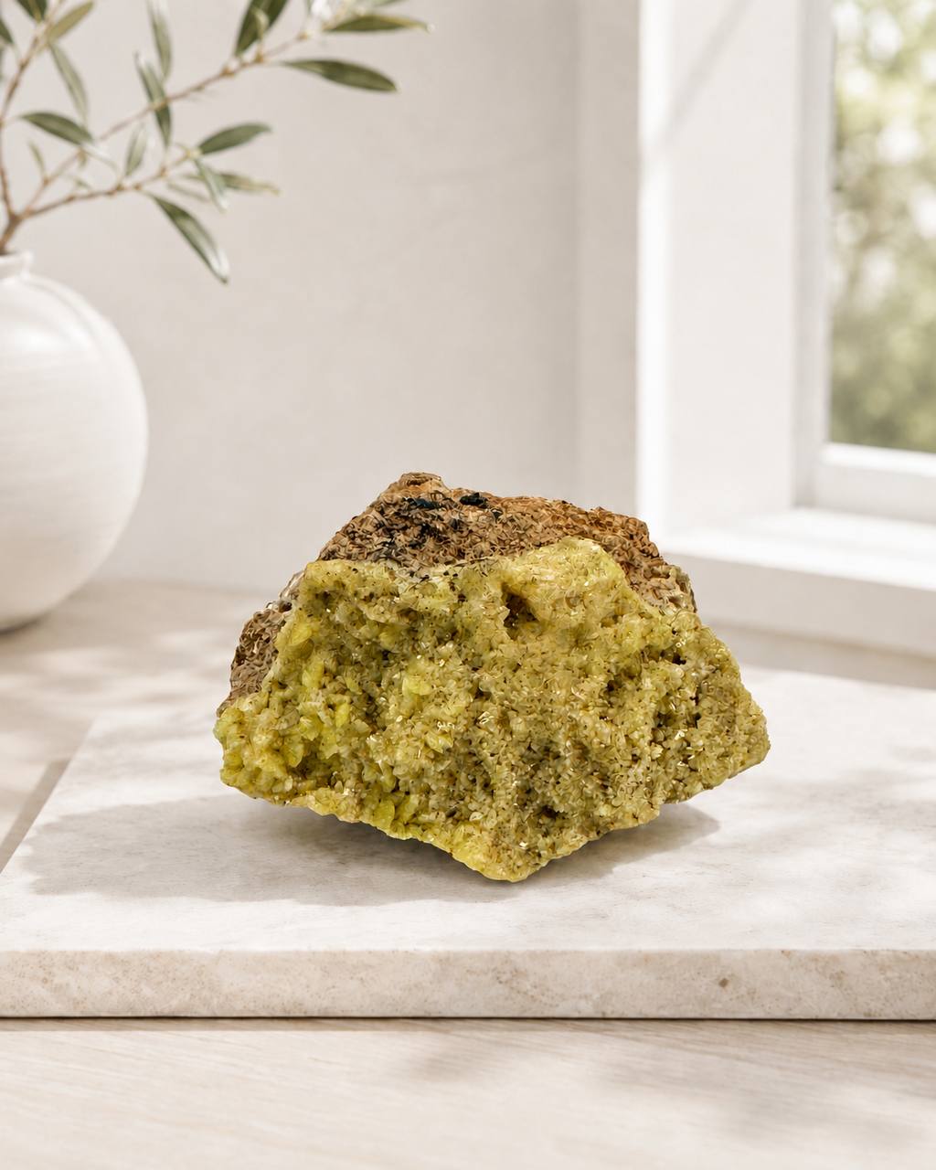 Yellow mimetite crystal specimen on marble surface by window