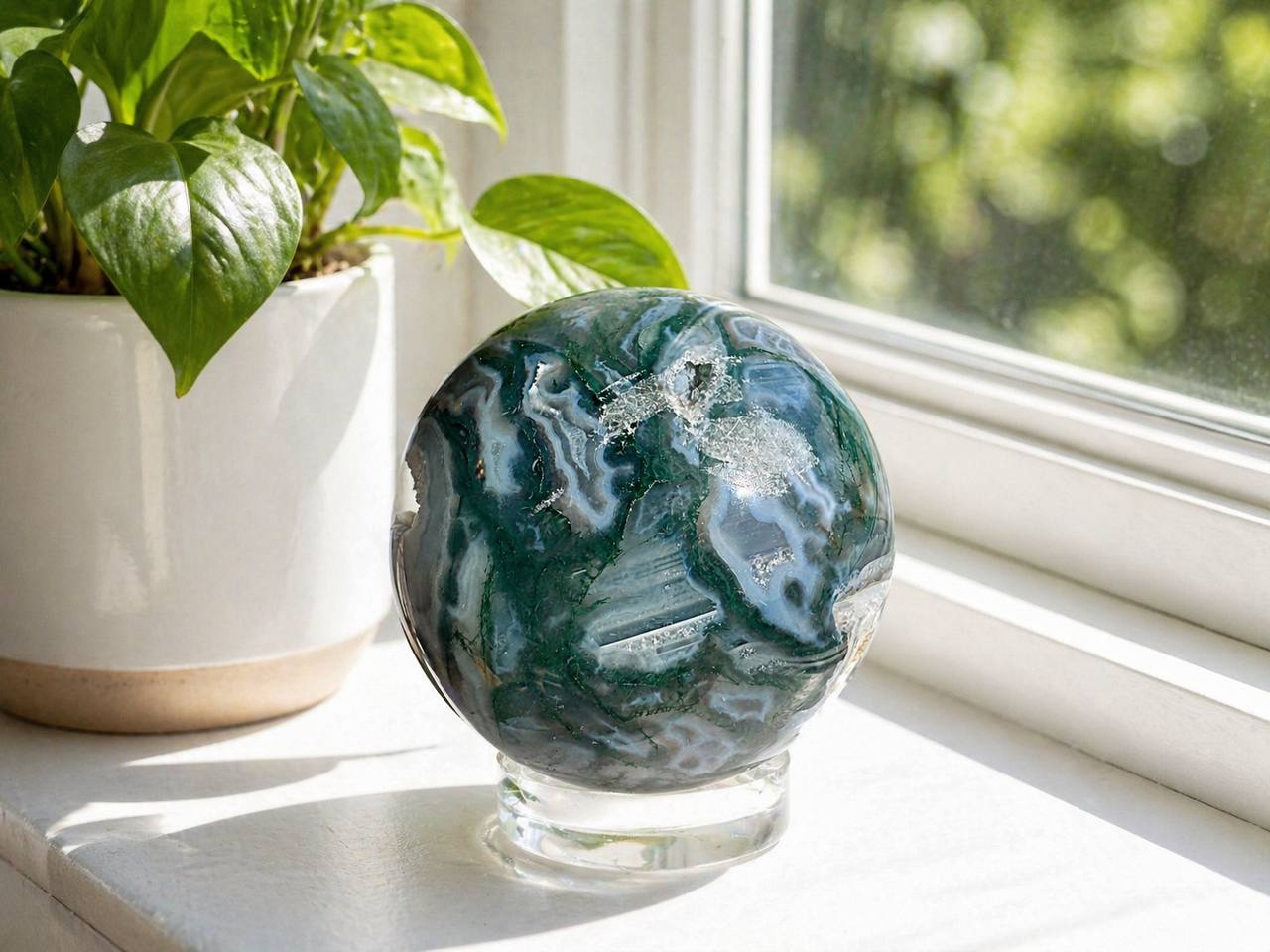 Moss agate sphere with druzy cavity on windowsill with pothos plant