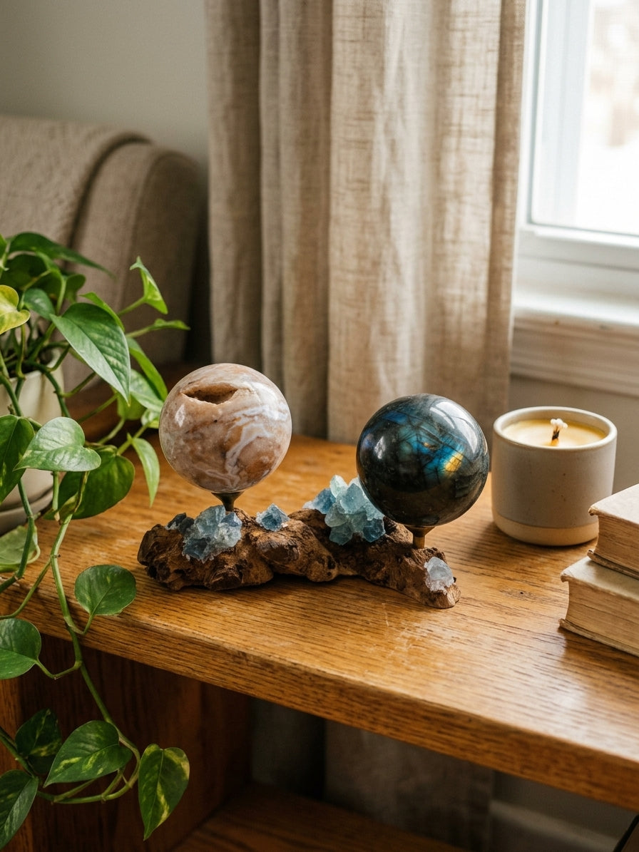 Blue fluorite crystal sphere holder lifestyle display