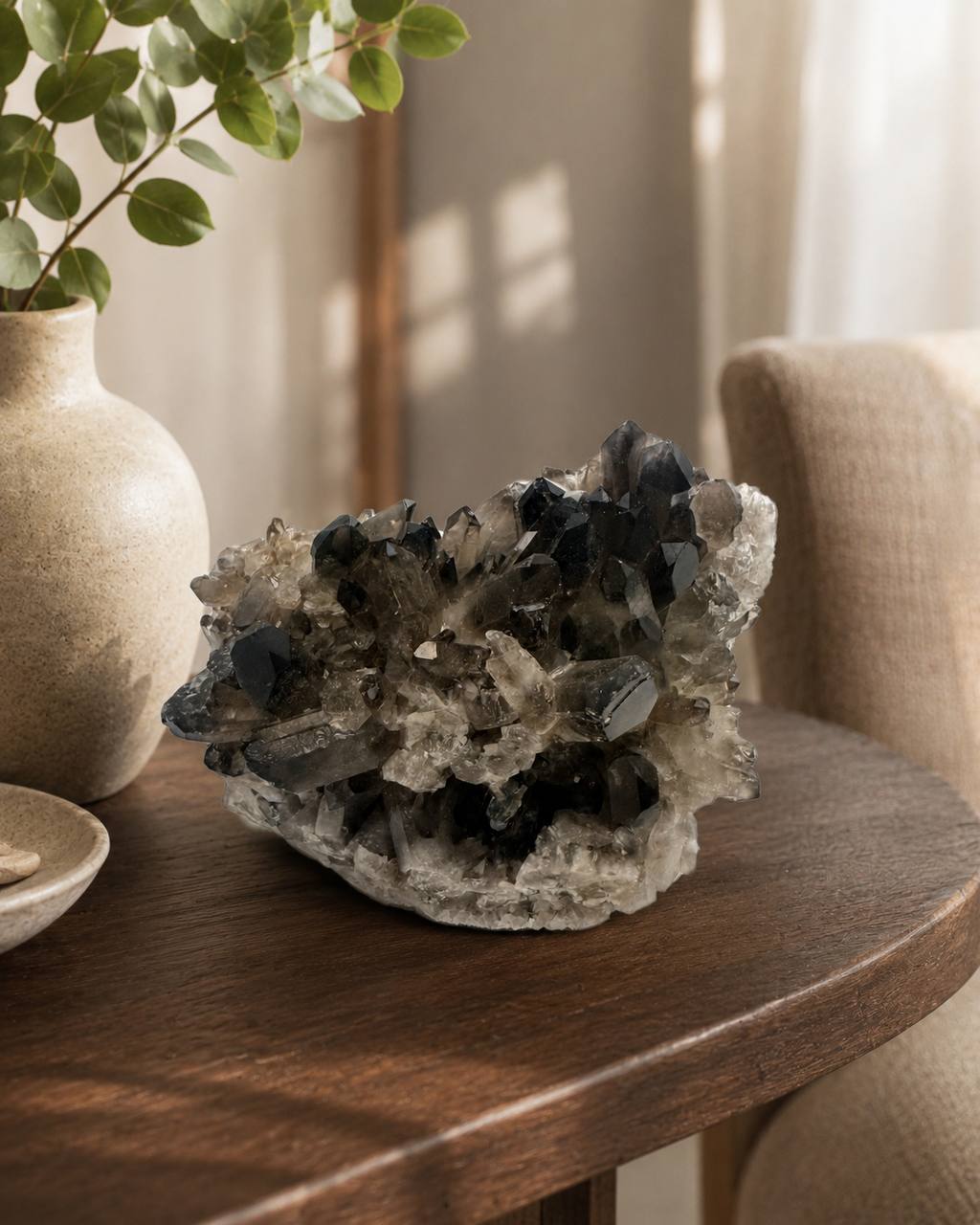 Smoky quartz crystal cluster on wooden table