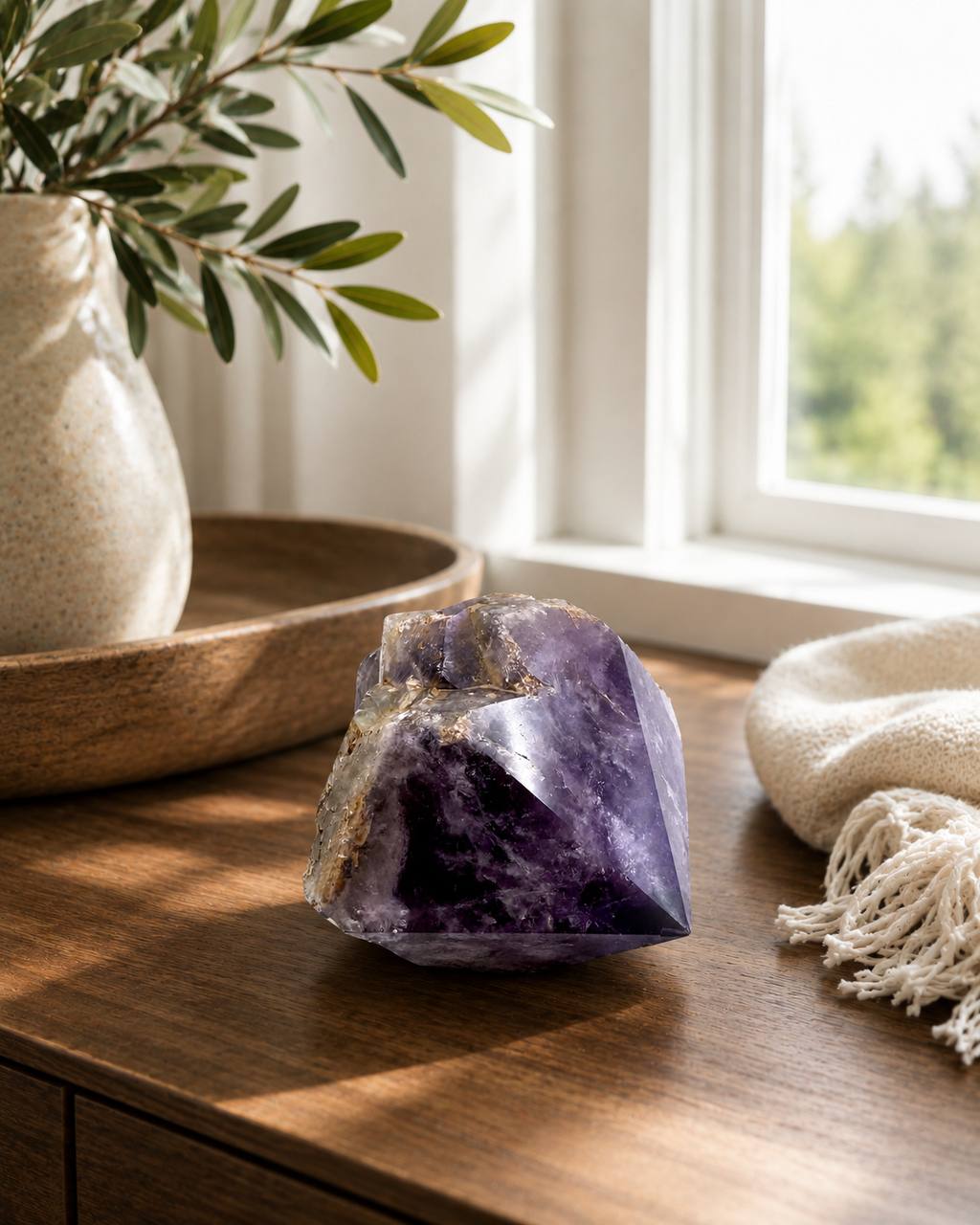 Semi polished amethyst chunk on wooden table