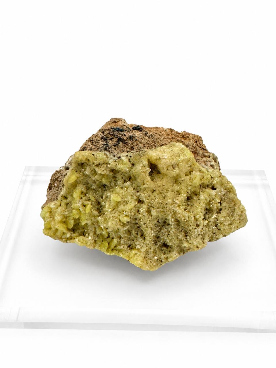 Mimetite specimen front view showing yellow-green crystal coverage