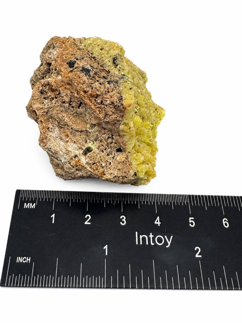 Mimetite specimen back view with ruler measurement