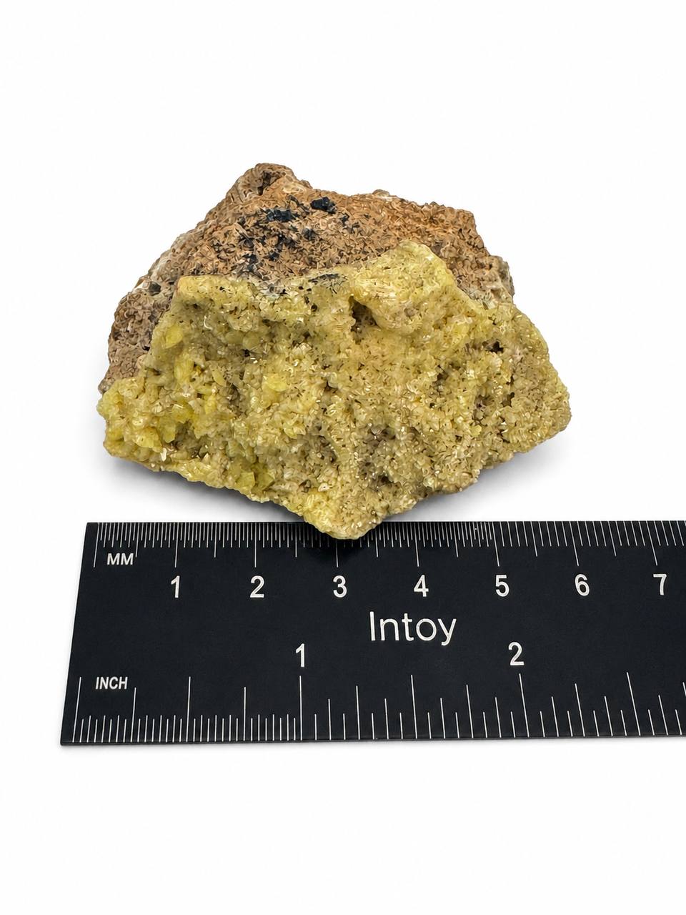 Mimetite specimen front with ruler showing 2.5 inches wide