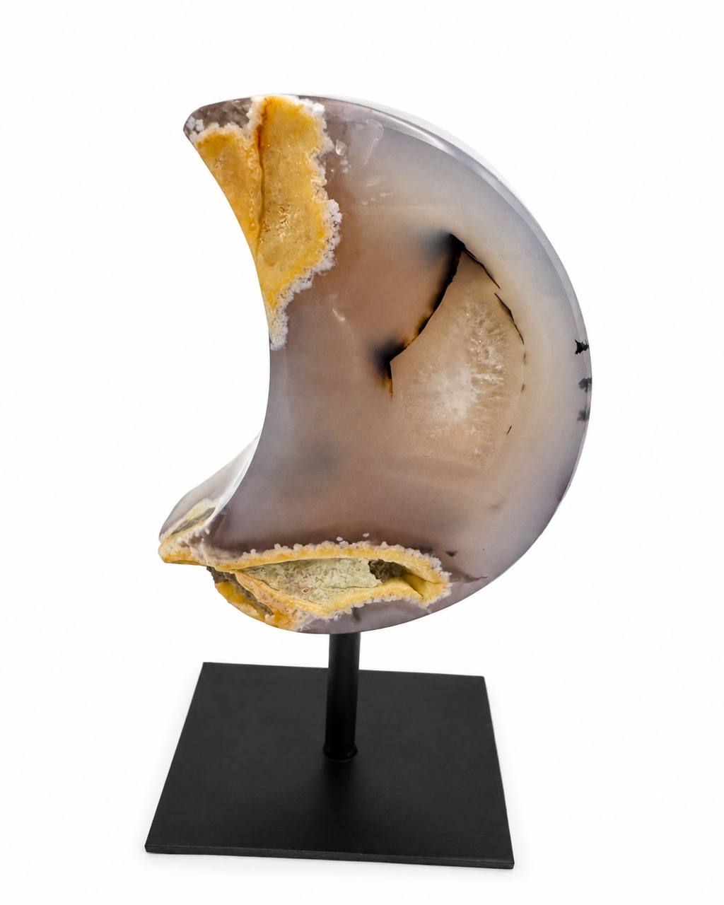 Druzy Agate Geode Crescent Moon on Metal Pin Stand