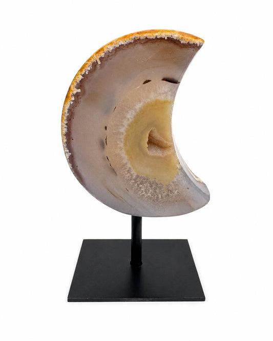 Druzy Agate Geode Crescent Moon on Metal Pin Stand