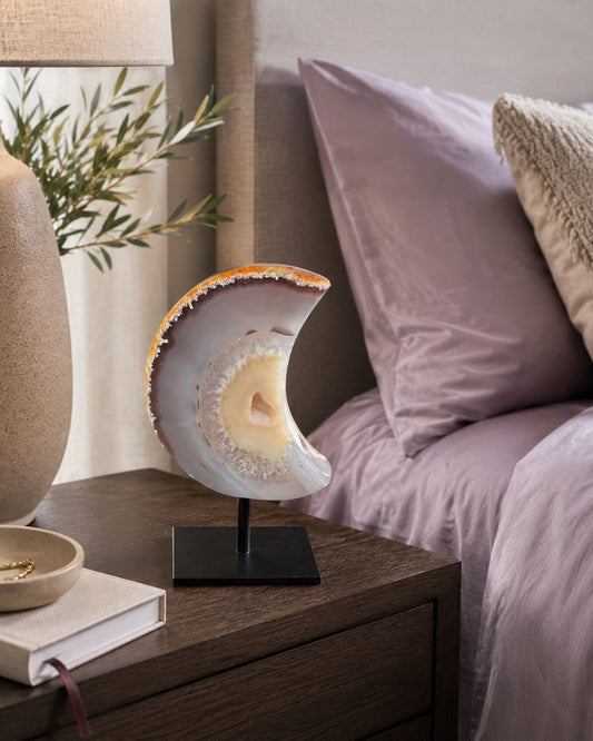 Druzy Agate Geode Crescent Moon on Metal Pin Stand