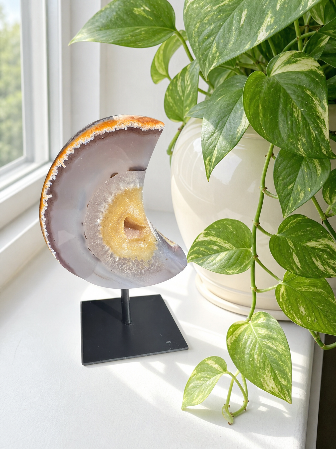 Druzy Agate Geode Crescent Moon on Metal Pin Stand
