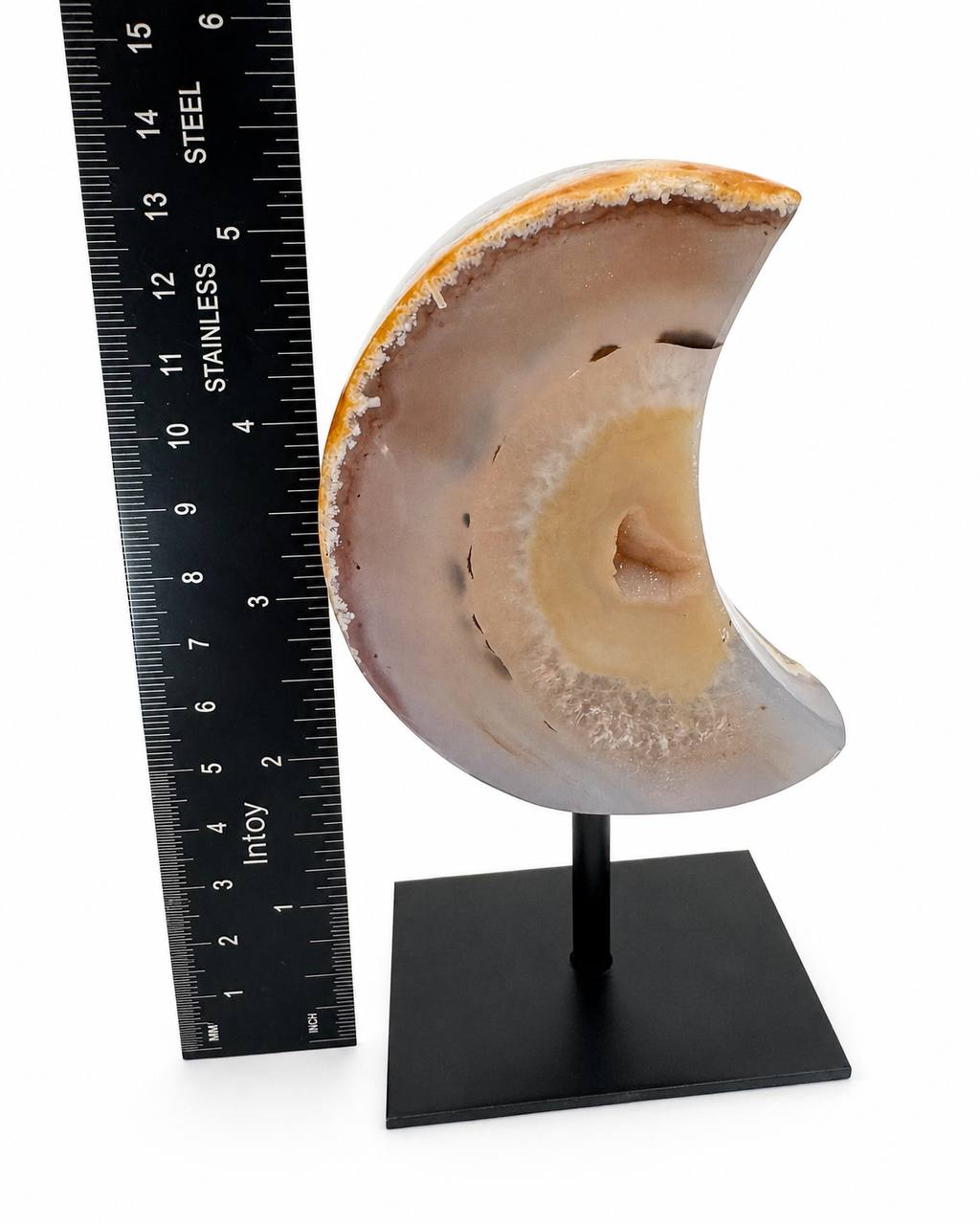Druzy Agate Geode Crescent Moon on Metal Pin Stand